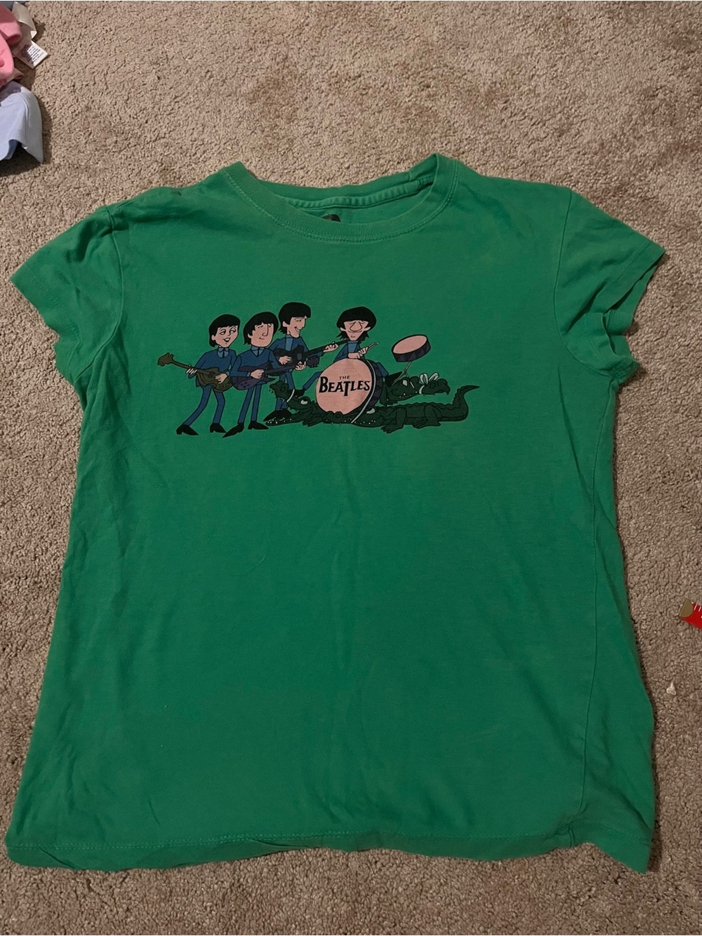 The Beatles Green Short Sleeve Tee with Cartoon Band Print